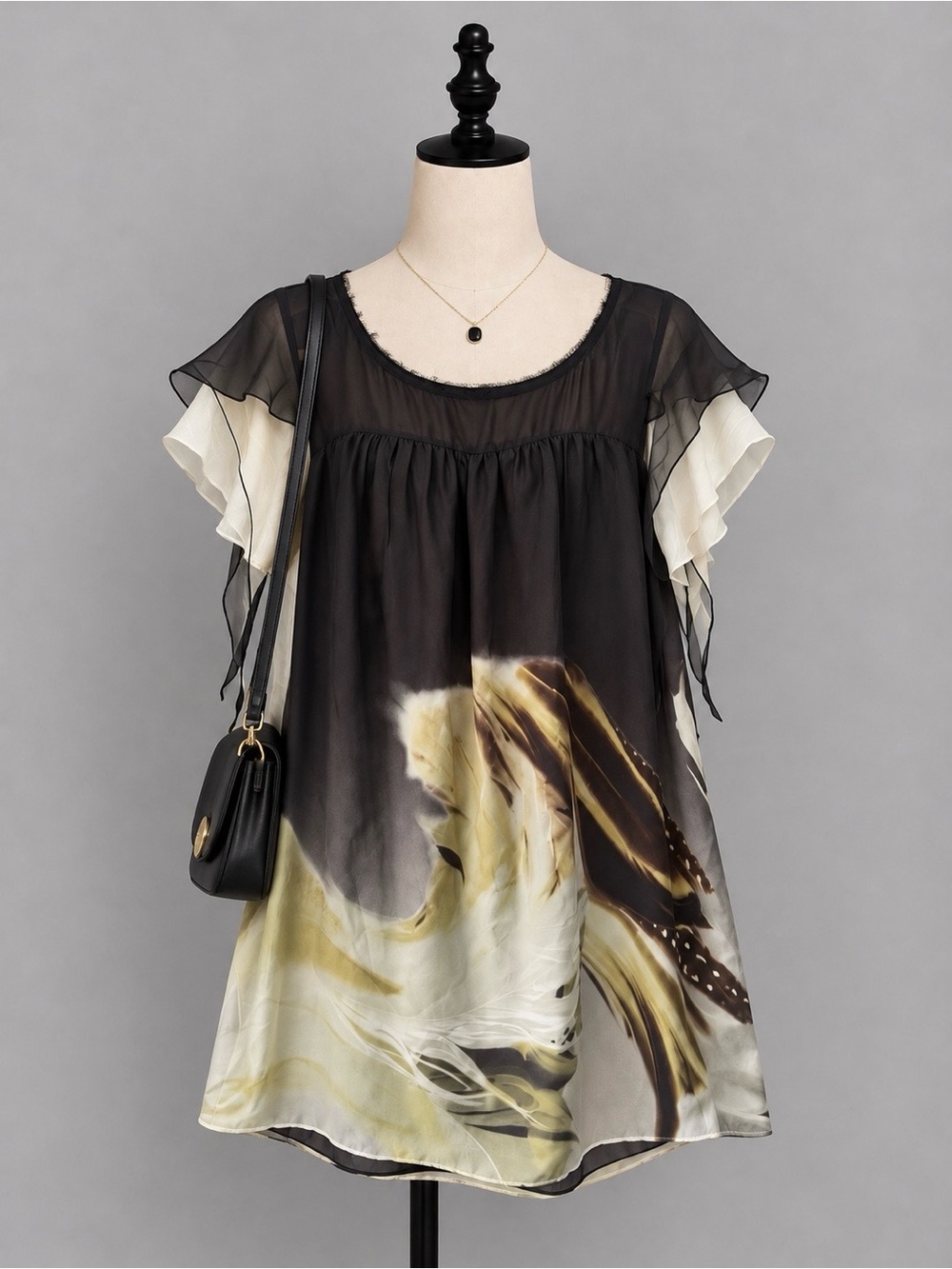 Zara Silk Black and Cream Printed Flutter Sleeve Tunic
